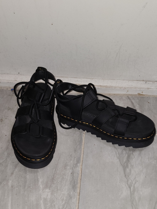 Dr. Martens Shoes - Dr. Martens Black Lace-Up Platform Sandals with Yellow Stitching
